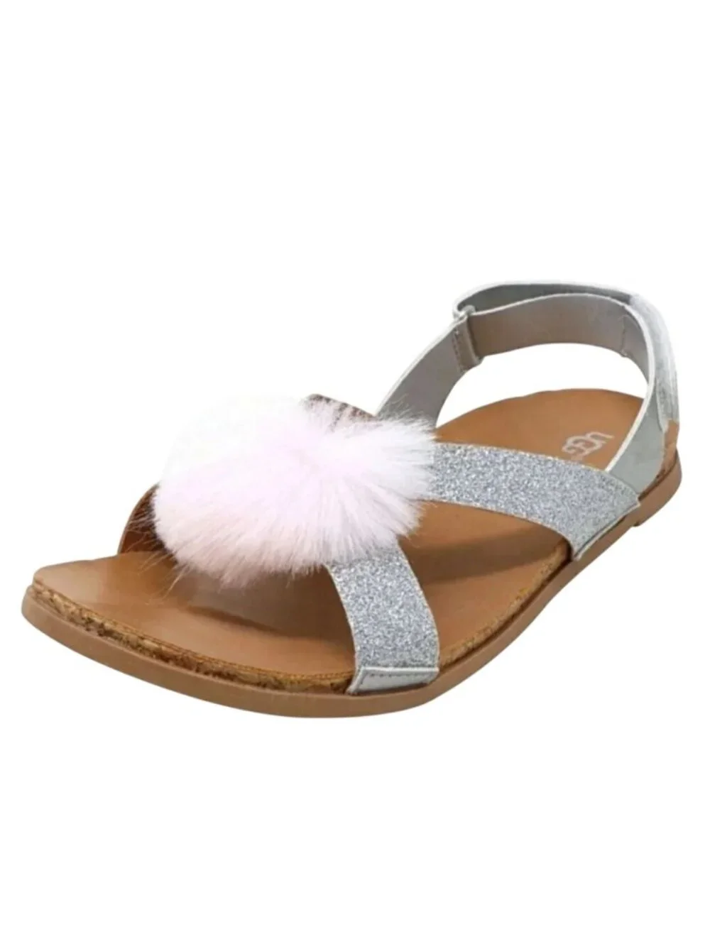 UGG Kids Girls 3 Fonda Sandals Pom-pom Glitter Open-toe Shoes Loop Ankle Strap